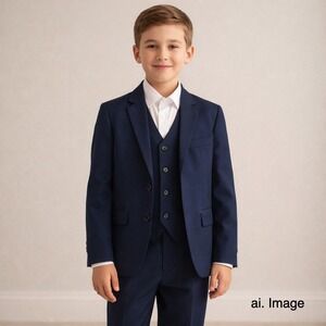Boys Navy Blue 4 Piece Suit Set Sz. 10 Blazer Vest Pants Shirt Classiccore Luxe